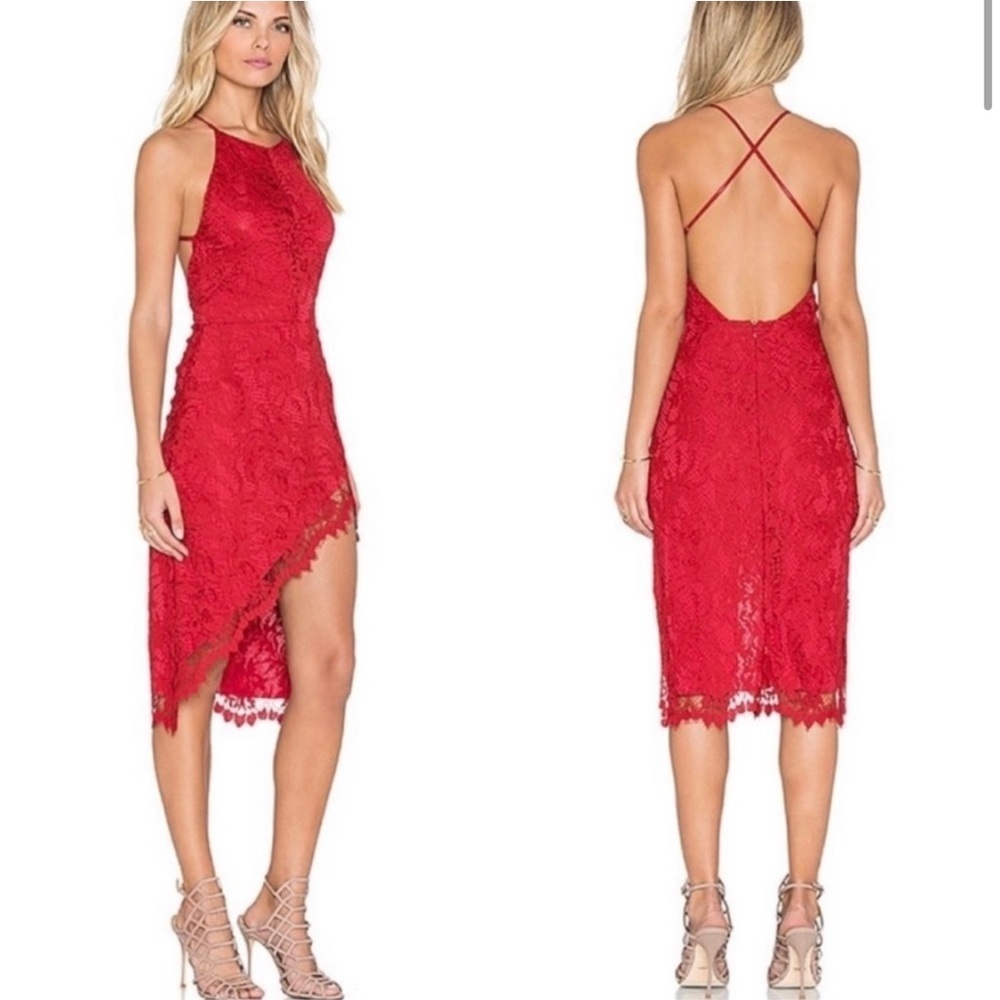 For Love and Lemons X Revolve Maui Waui Red Lace Asymmetrical Dress Size Small